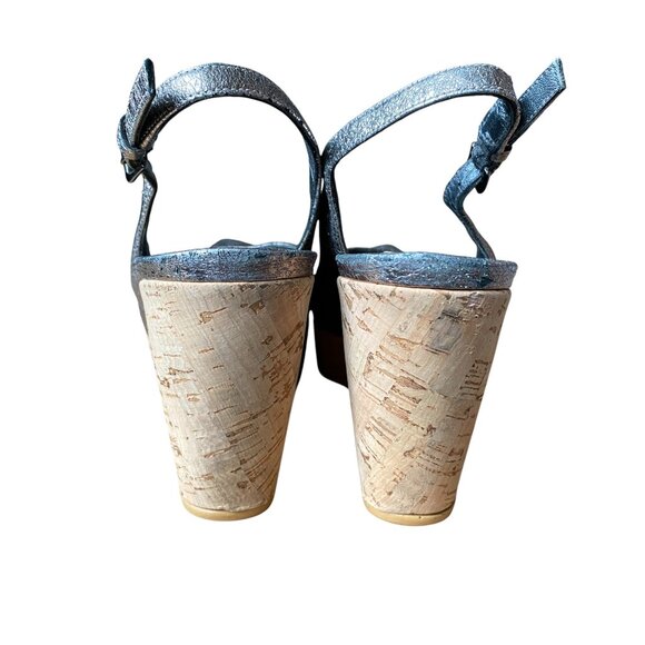Stuart Weitzman - Silver Gray Metallic Slingback Cork Wedges Peep Toe - Size 8 - Picture 3 of 8